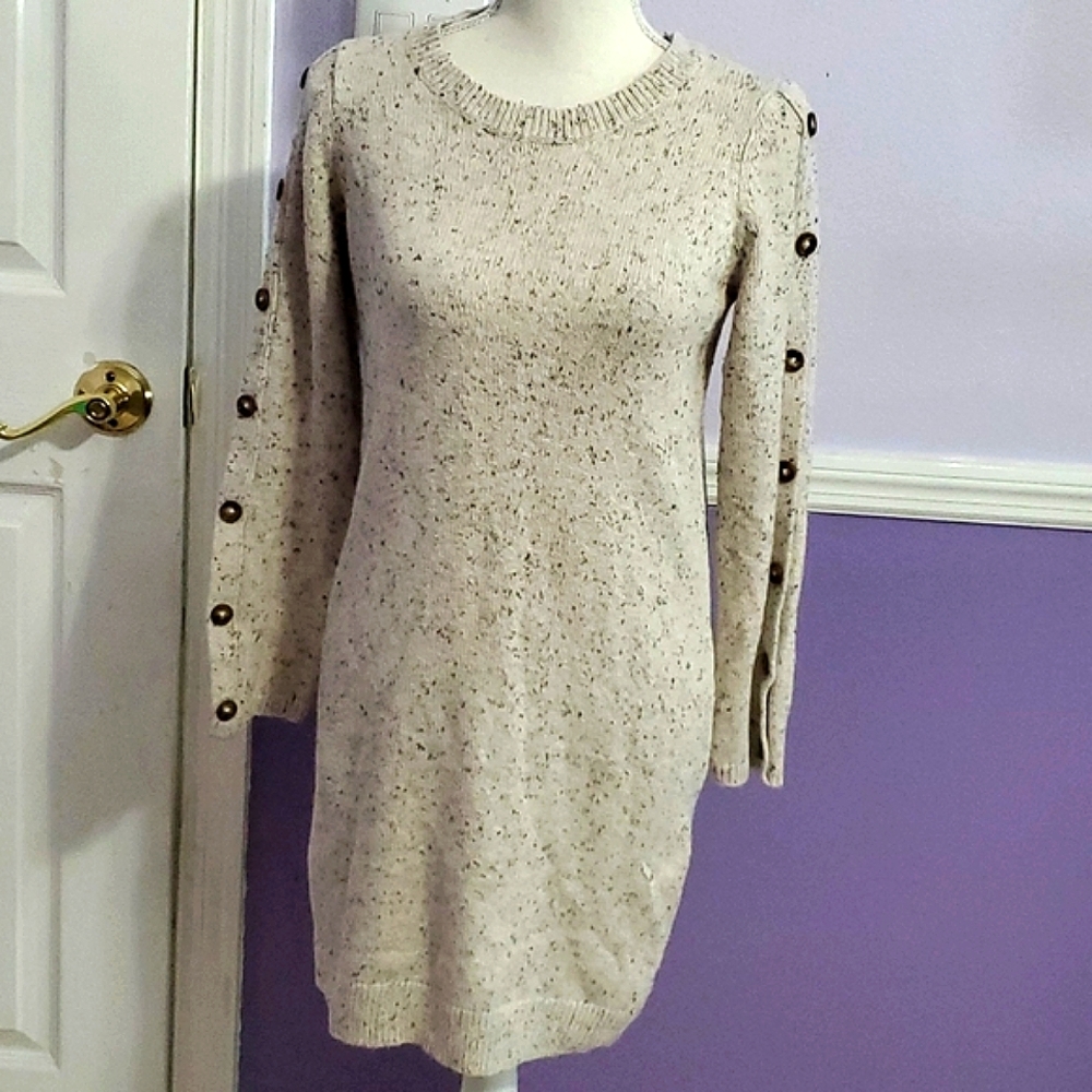 Loft Boho Cream Speckled Buttoned Long Sleeve Fitted Sweater Mini Dress XS